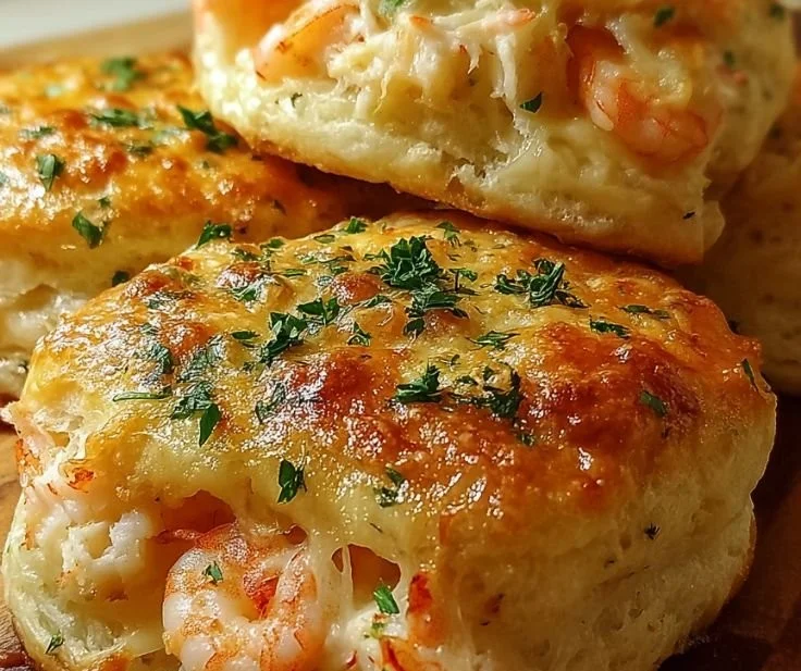 Savory shrimp crab biscuit melts served on a plate, delicious seafood appetizer.