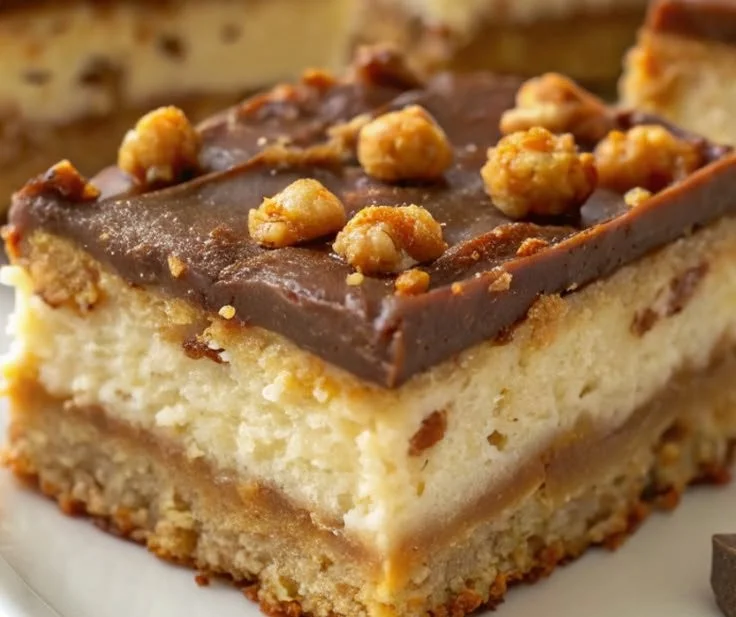 Delicious Scotcheroo Cheesecake Bars garnished with chocolate and butterscotch