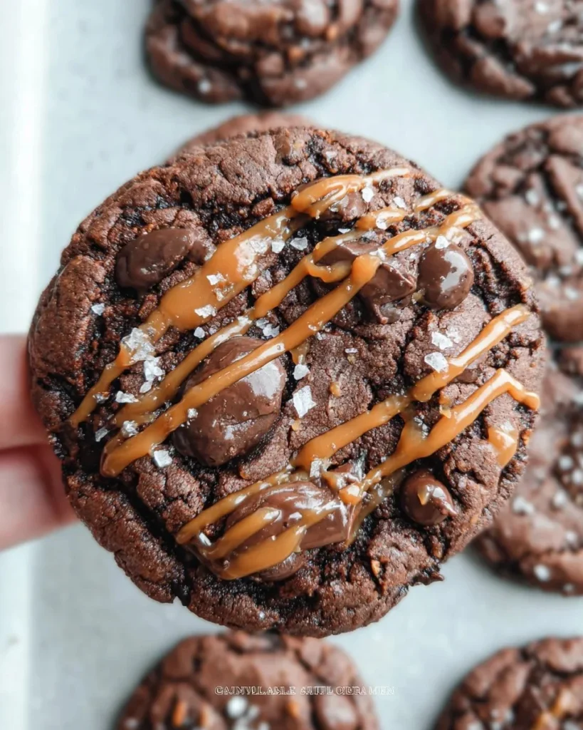 Delicious sea salt caramel cookies topped with double chocolate and sea salt flakes.