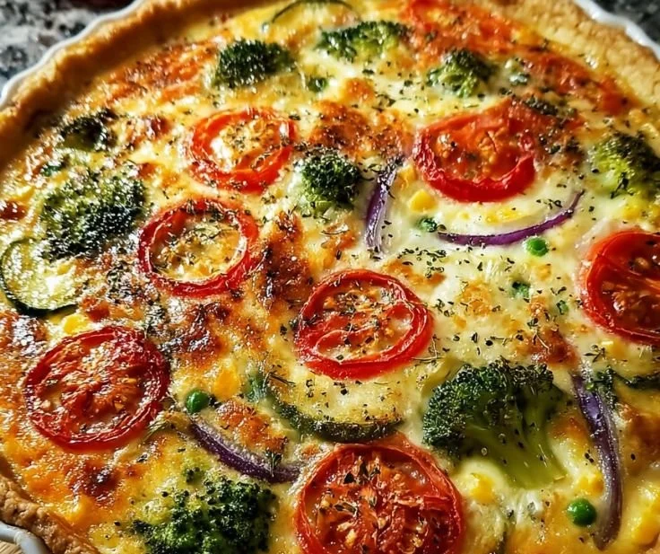 Freshly baked simple mixed vegetable quiche with colorful veggies