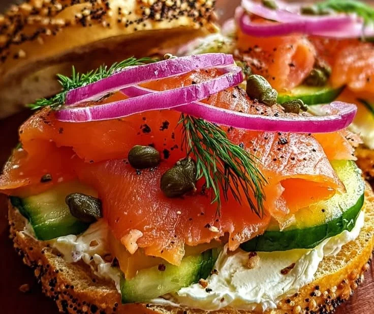 Smoked salmon bagel sandwich with cream cheese and fresh greens