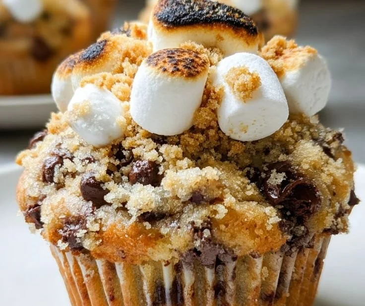 Delicious S'mores chocolate chip muffins with gooey chocolate and marshmallows