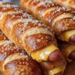 Soft baked cheesy pretzel dogs with melted cheese and pretzel crust