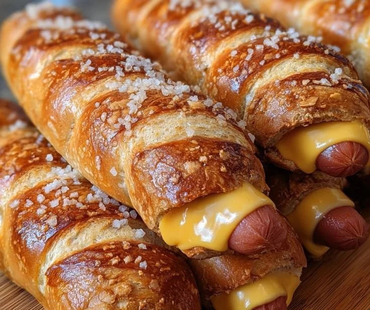 Soft baked cheesy pretzel dogs with melted cheese and pretzel crust