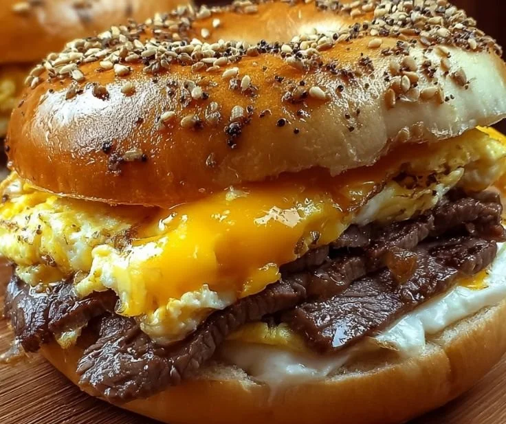 A mouthwatering Steak Egg Cheese Bagel served with fresh ingredients.