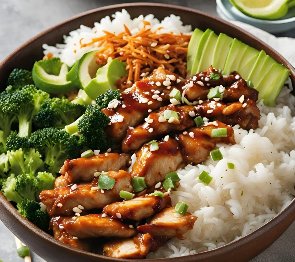 Delicious sticky chicken rice bowls garnished with fresh vegetables.