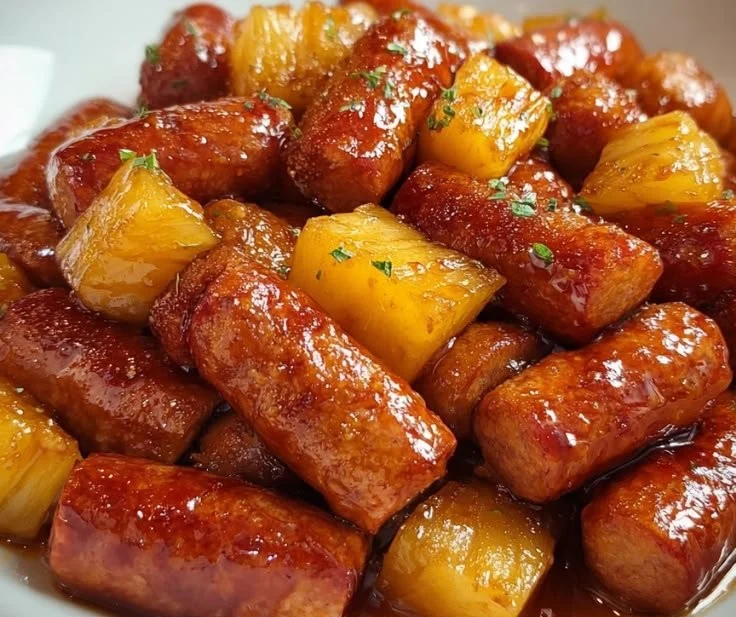 Sticky Pineapple Brown Sugar Lil' Smokies Bites served on a platter