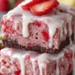 Strawberry brownies drizzled with lemon glaze on a wooden table