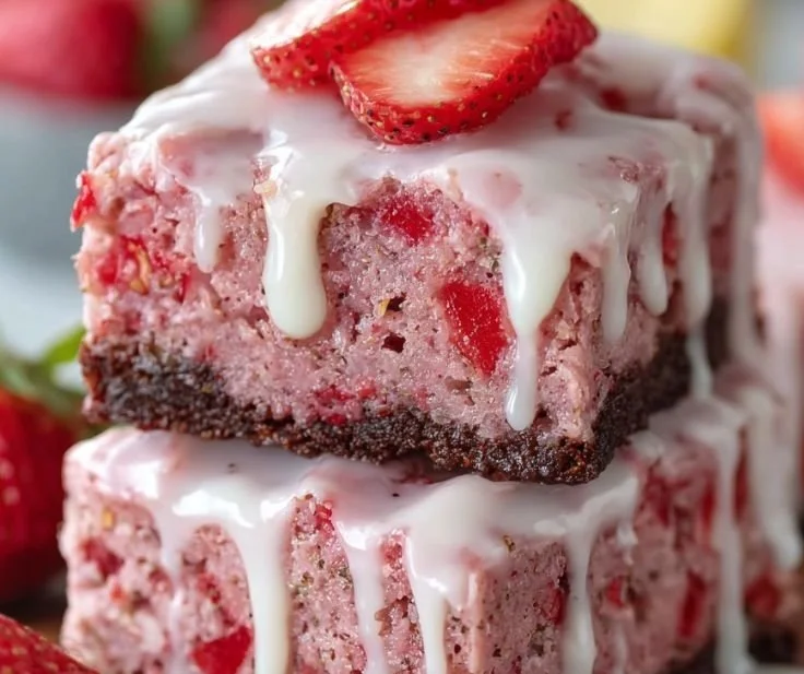 Strawberry brownies drizzled with lemon glaze on a wooden table
