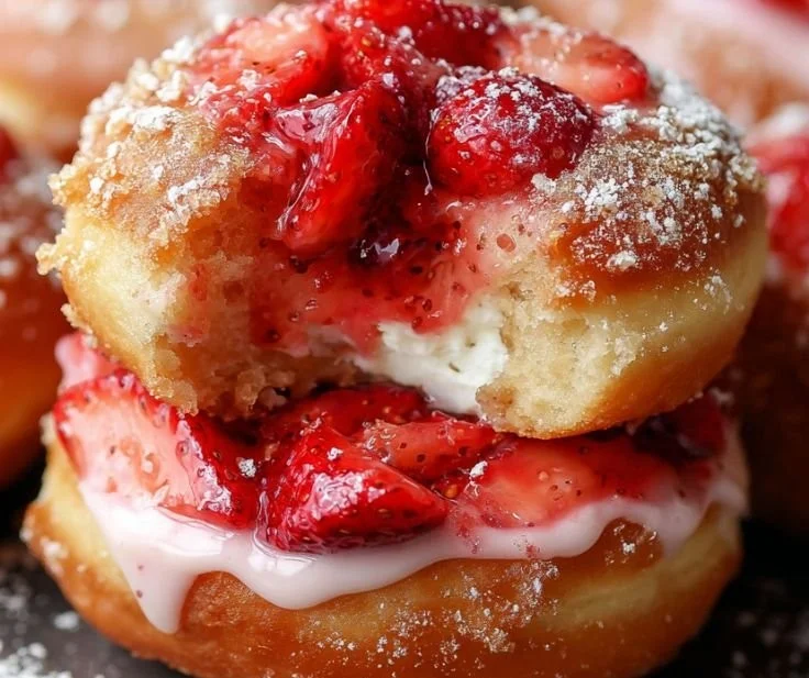 Delicious strawberry cheesecake stuffed donuts with creamy filling