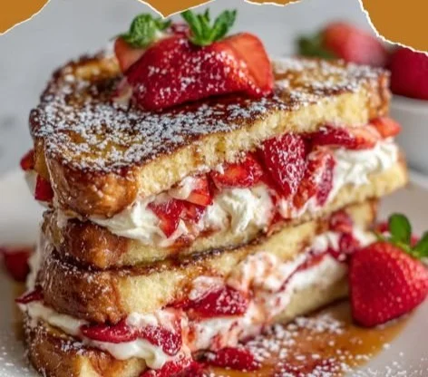 Delicious strawberry cheesecake stuffed french toast topped with fresh berries
