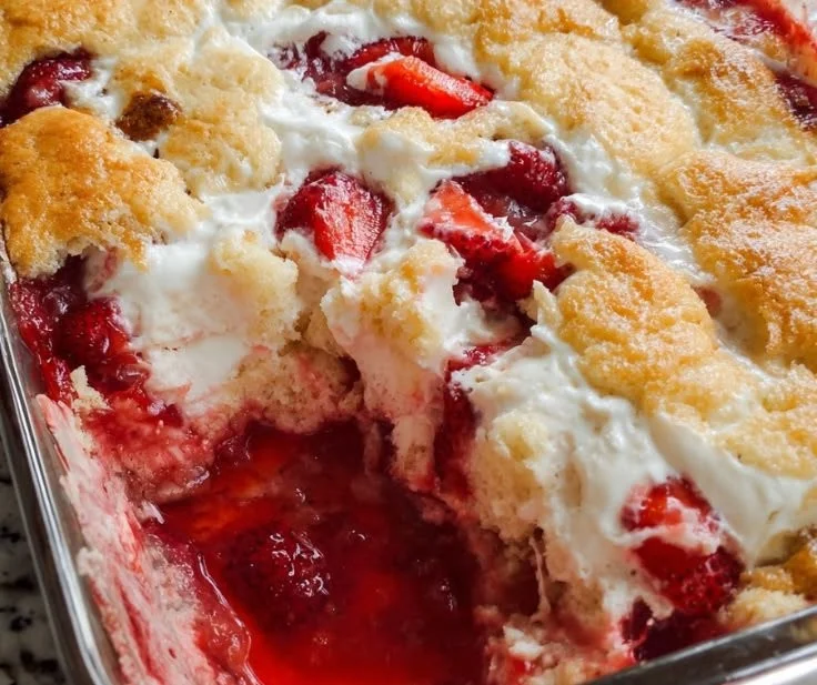 Delicious homemade Strawberry Dump Cake fresh out of the oven.