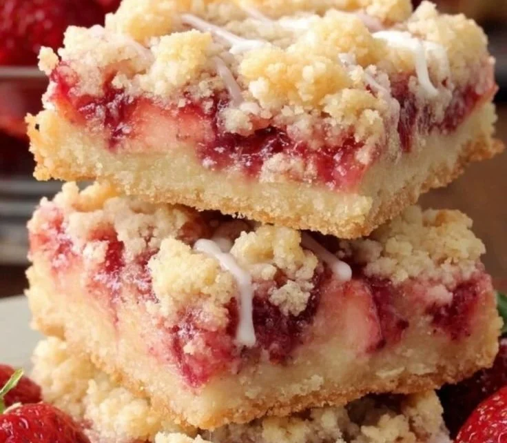Delicious Strawberry Shortcake Bars topped with fresh strawberries and cream.