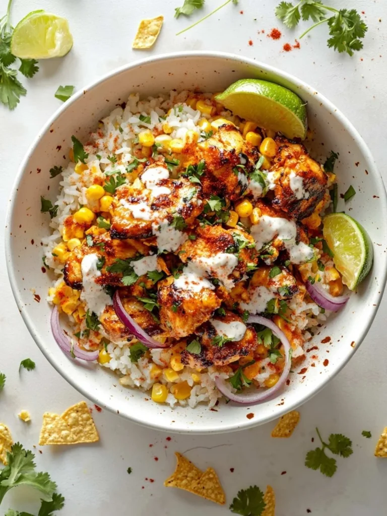 Street Corn Chicken Rice Bowl with chicken, rice, and corn toppings