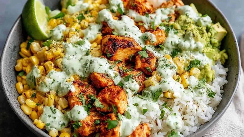 Delicious Street Corn Chicken Rice Bowl with grilled chicken and vibrant toppings