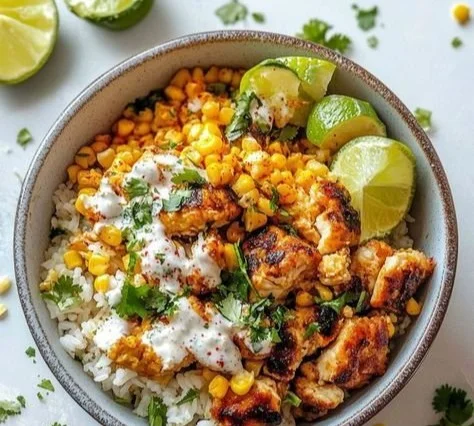 Delicious Street Corn Chicken Rice Bowl with grilled chicken, corn, and rice
