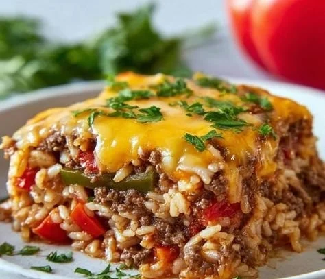 Delicious stuffed pepper casserole with colorful peppers and savory filling