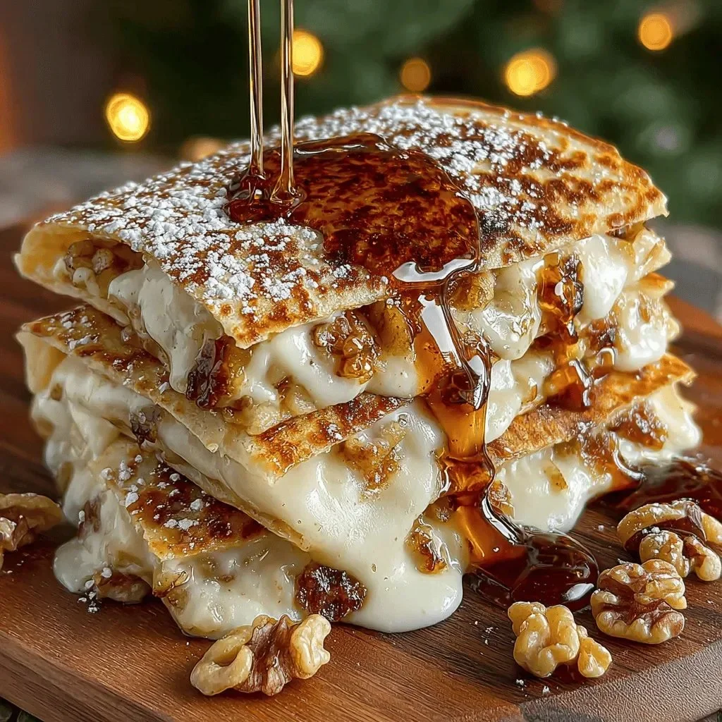 Delicious apple cinnamon quesadillas served on a plate with syrup drizzle