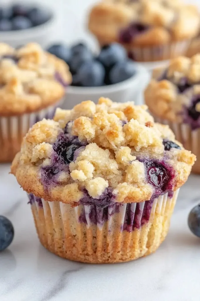 Freshly baked blueberry muffins with crumble topping on a wooden table