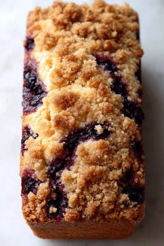 Slice of homemade blueberry muffin bread with fresh blueberries on top