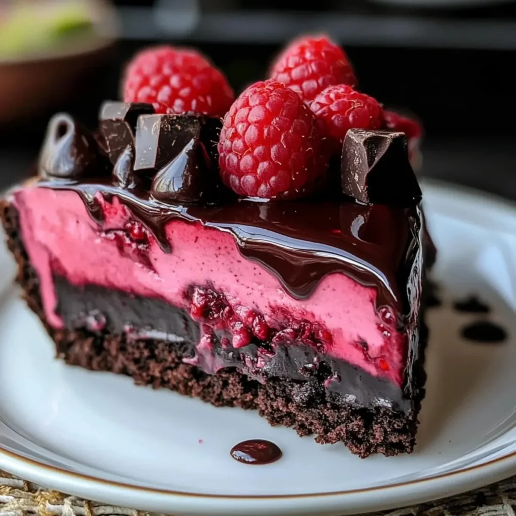Delicious dark chocolate raspberry cheesecake slice on a plate