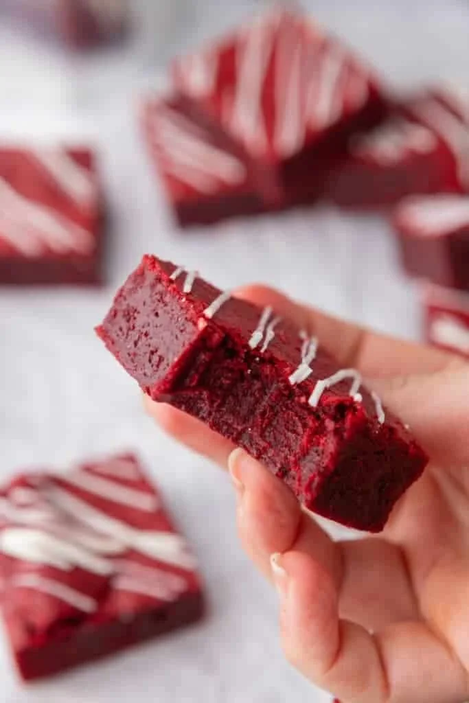 Delicious fudgy red velvet brownies topped with cream cheese frosting