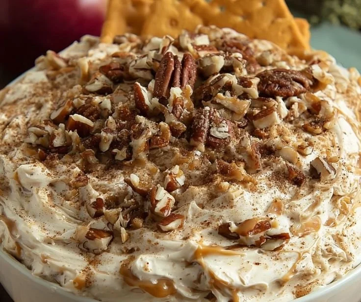 Delicious toffee apple dip served with fresh apple slices.