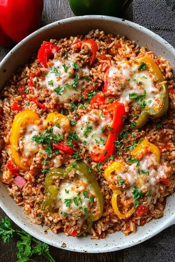 Delicious unstuffed pepper skillet with colorful vegetables and rice