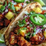 Plate of vegan smoky BBQ cauliflower tacos topped with fresh garnish.