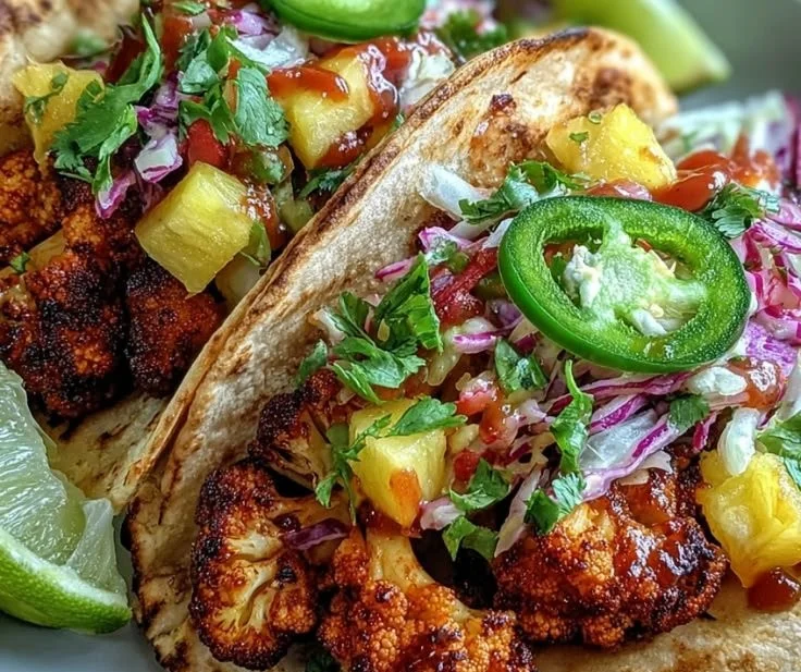 Plate of vegan smoky BBQ cauliflower tacos topped with fresh garnish.