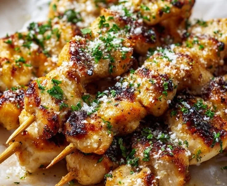 Air Fryer Garlic Parmesan Chicken Skewers ready to serve