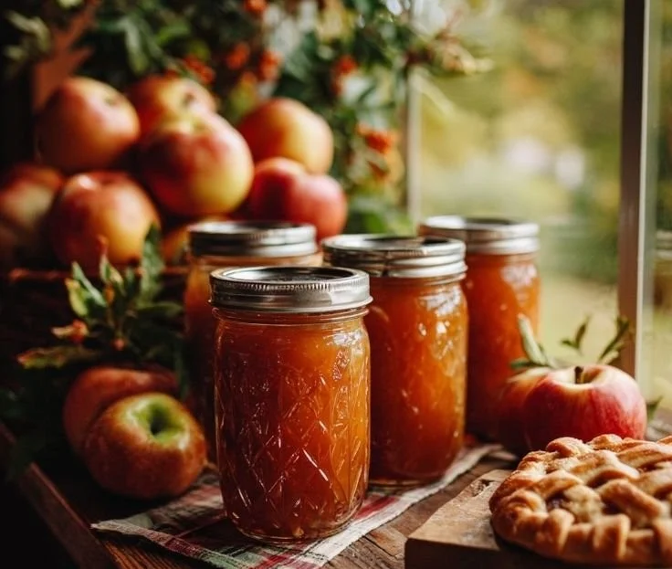 Homemade apple pie filling in jars ready for canning.