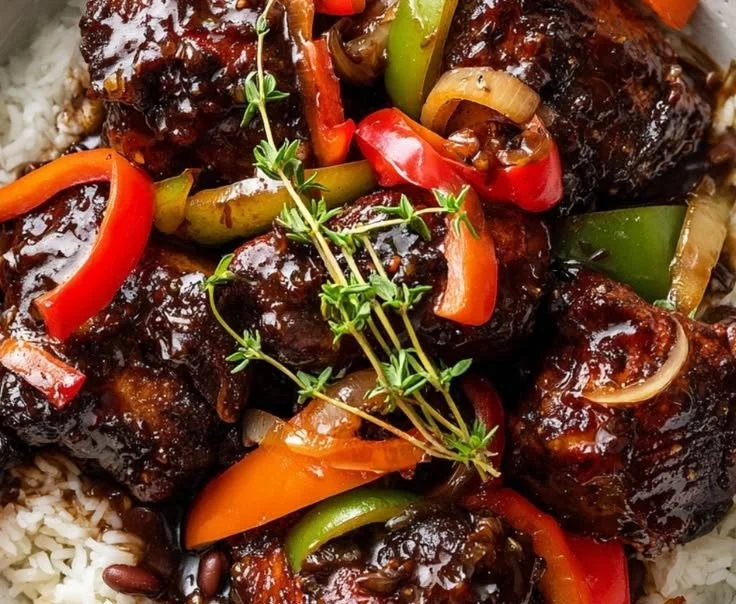 Delicious plate of authentic Jamaican Brown Stew Chicken garnished with vegetables