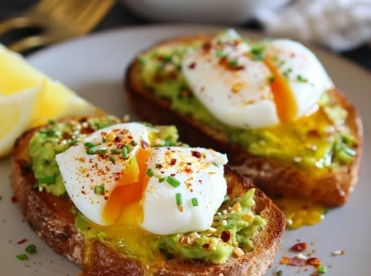 Plate of avocado toast topped with a perfectly cooked egg