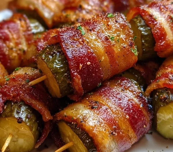 Bacon-wrapped pickles appetizer served on a platter