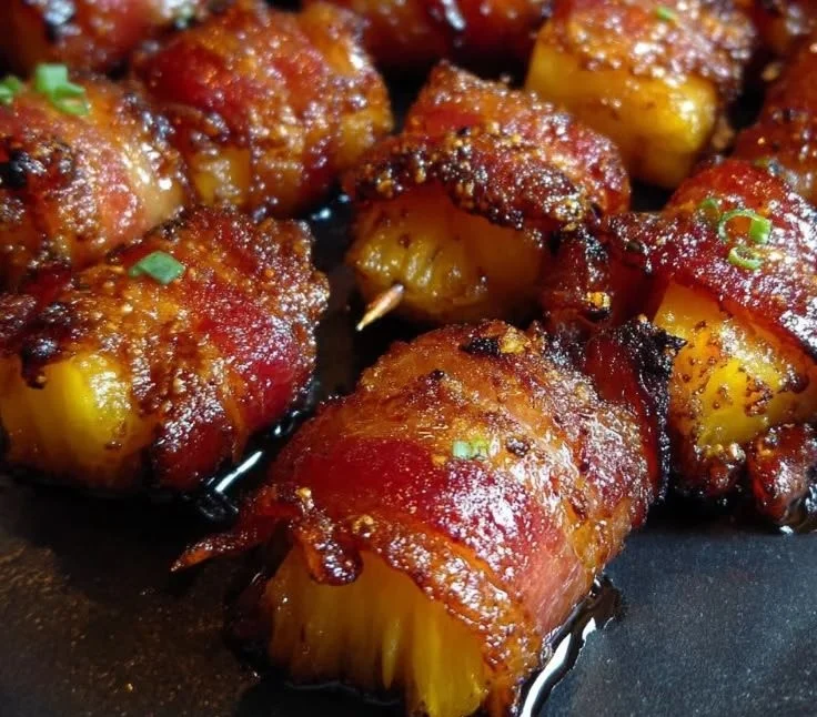 Delicious Bacon-Wrapped Pineapple Bites ready to serve at a party.