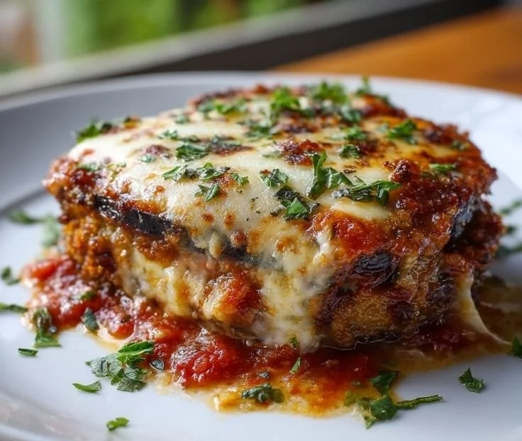 Delicious Baked Eggplant Parmesan served with herbs and cheese on a plate