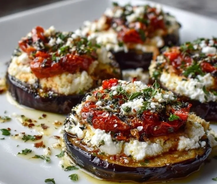 Baked eggplant slices with ricotta cheese on a plate