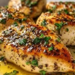Baked Greek Yogurt Chicken garnished with herbs on a rustic plate