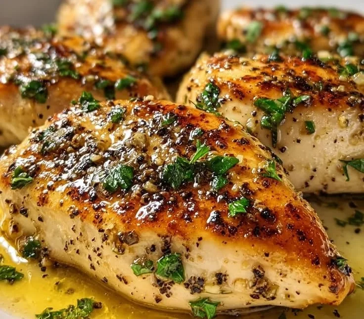 Baked Greek Yogurt Chicken garnished with herbs on a rustic plate