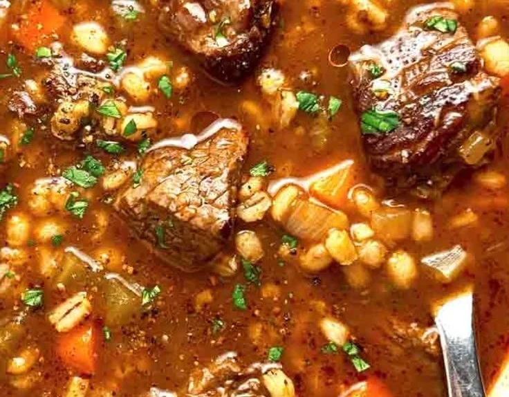 Delicious homemade beef barley soup in a bowl with parsley garnish