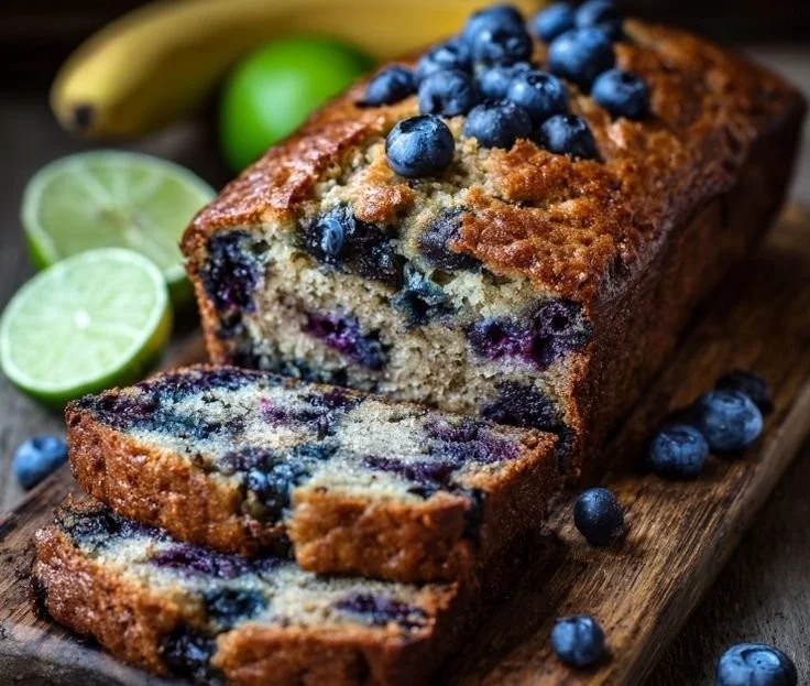 Moist blueberry banana zucchini bread slice on a wooden board
