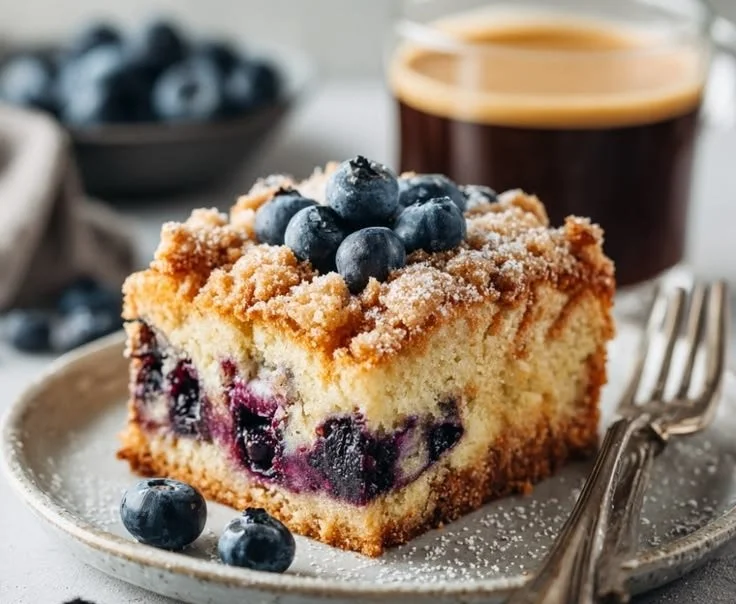 Delicious slice of moist blueberry coffee cake on a plate