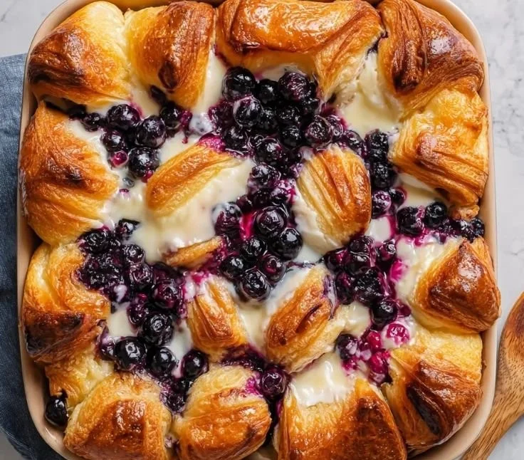 Blueberry cream cheese croissant casserole freshly baked in a dish