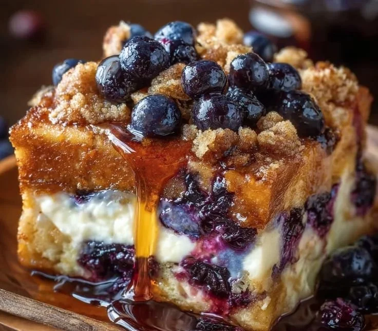 Delicious Blueberry Cream Cheese French Toast topped with fresh blueberries and syrup.