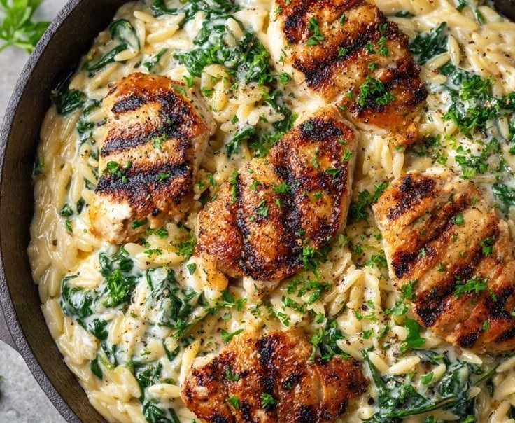 Creamy Boursin Chicken Orzo dish ready to serve