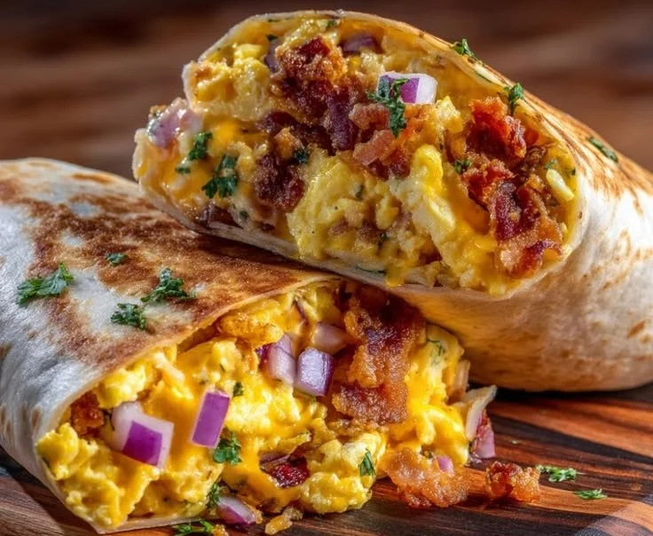 Delicious homemade breakfast burrito with eggs, cheese, and veggies
