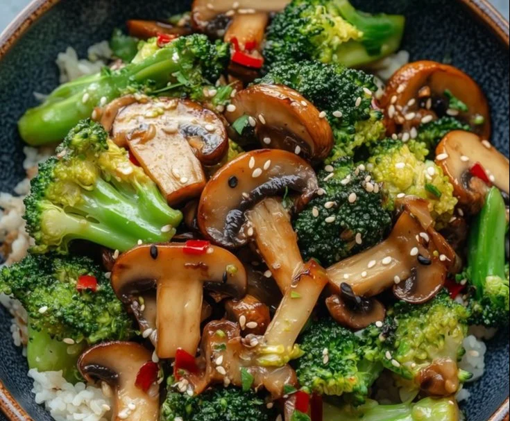 Delicious broccoli mushroom stir fry served in a bowl