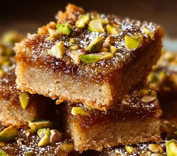 Delicious Brown Butter Honey Pistachio Bars on a wooden serving platter