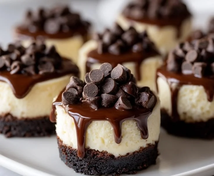 Delicious brownie bottom mini cheesecakes topped with cream and chocolate